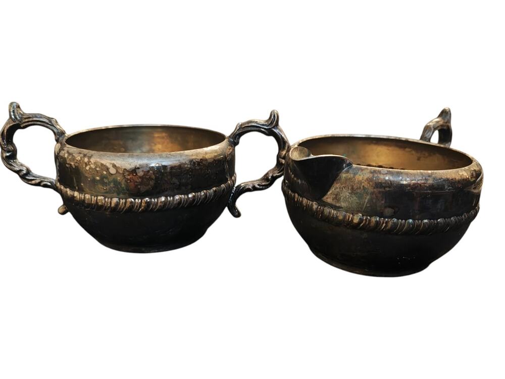 Vintage Sheridan Silver on Copper Creamer & Sugar Bowl Set
